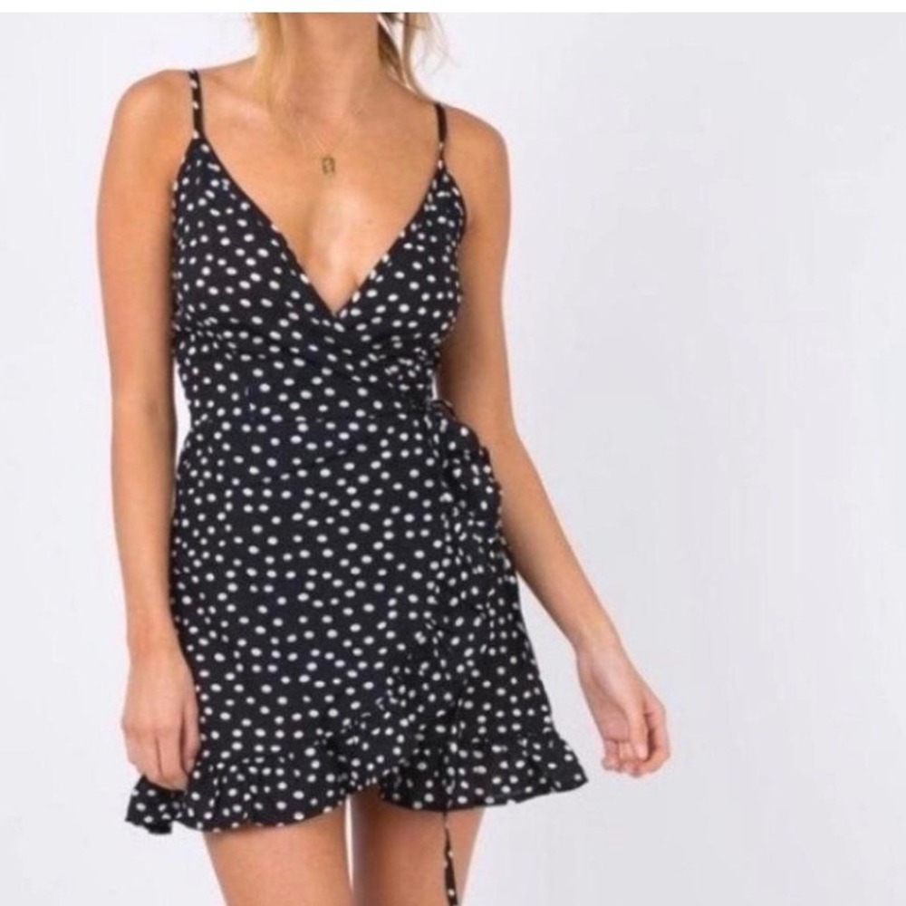 Princess Polly Wrap Dress Womens 2 Black Polka Dot Ruffle V-Neck Mini